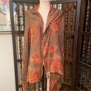 Vintage Y2K Orange Reversible Butterfly Floral Boho Hippie Fringe Scarf Shawl